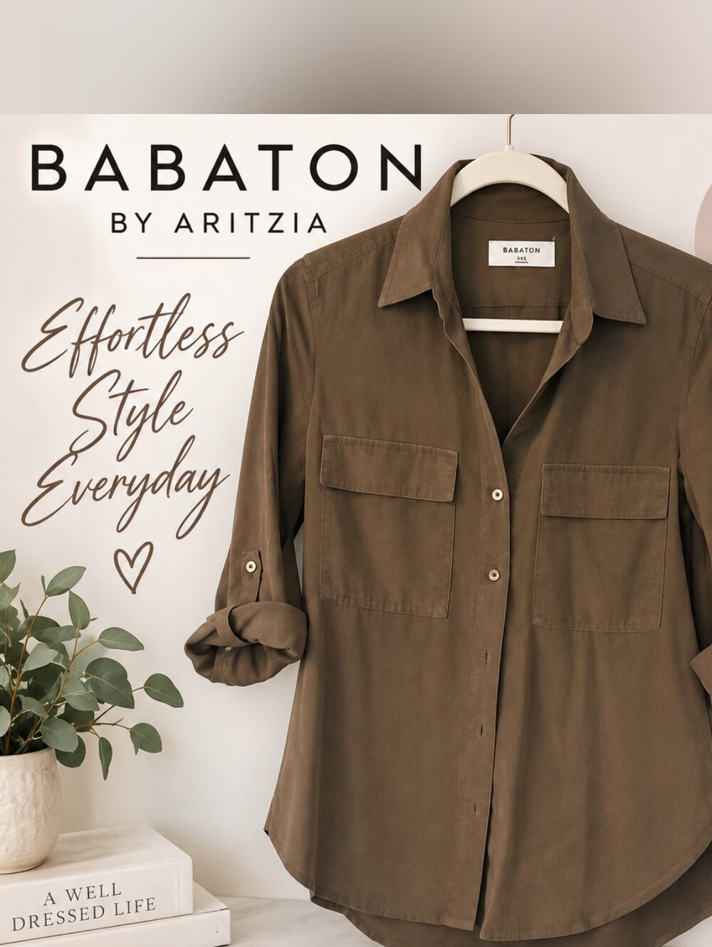 New! Babaton 2XS Utility Button Up Shirt Brown Olive Roll Tab Blouse